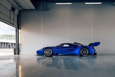 Side profile of a blue 2020 Ford GT MK II track-only supercar