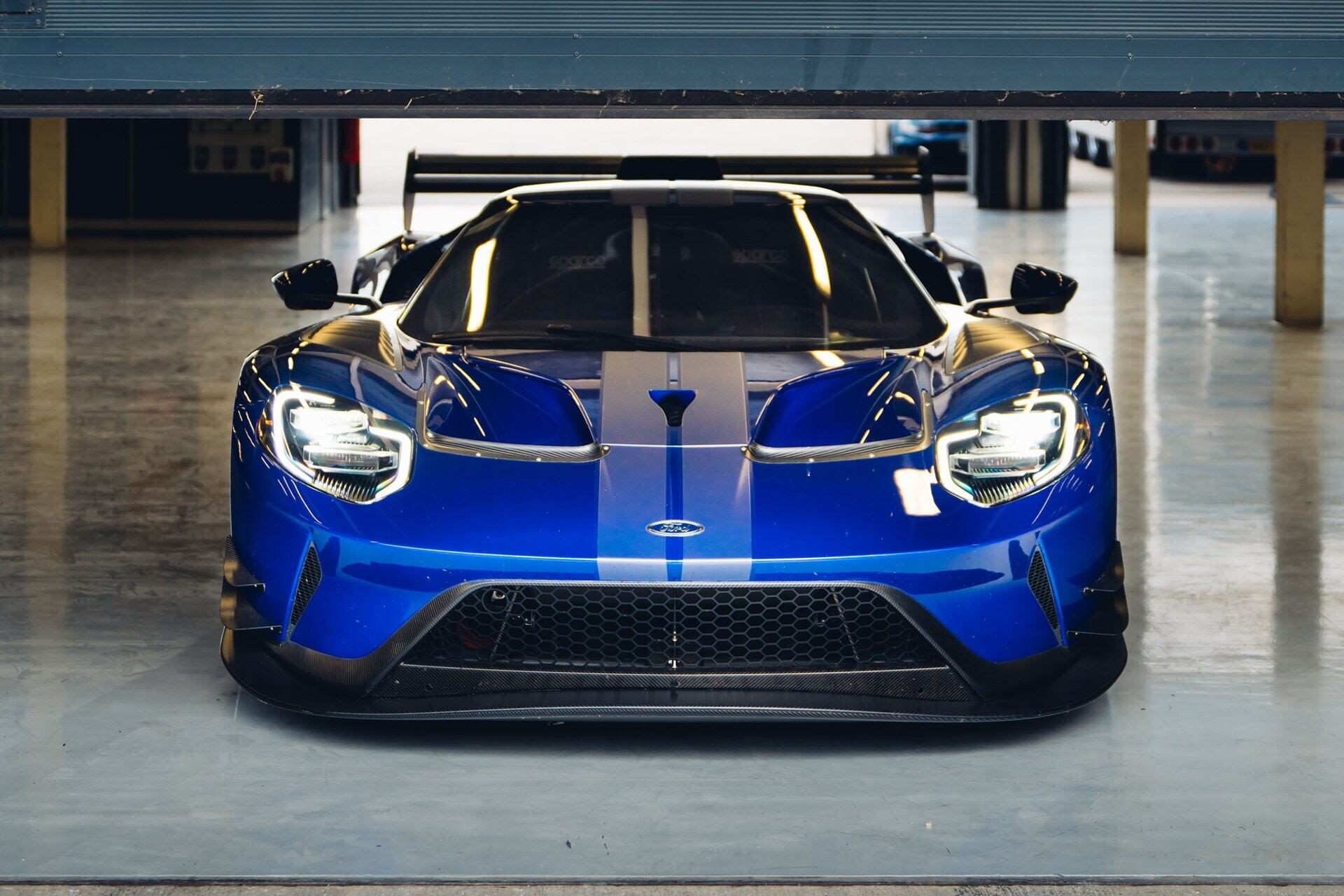 Frontal view of a blue 2020 Ford GT MK II track-only supercar
