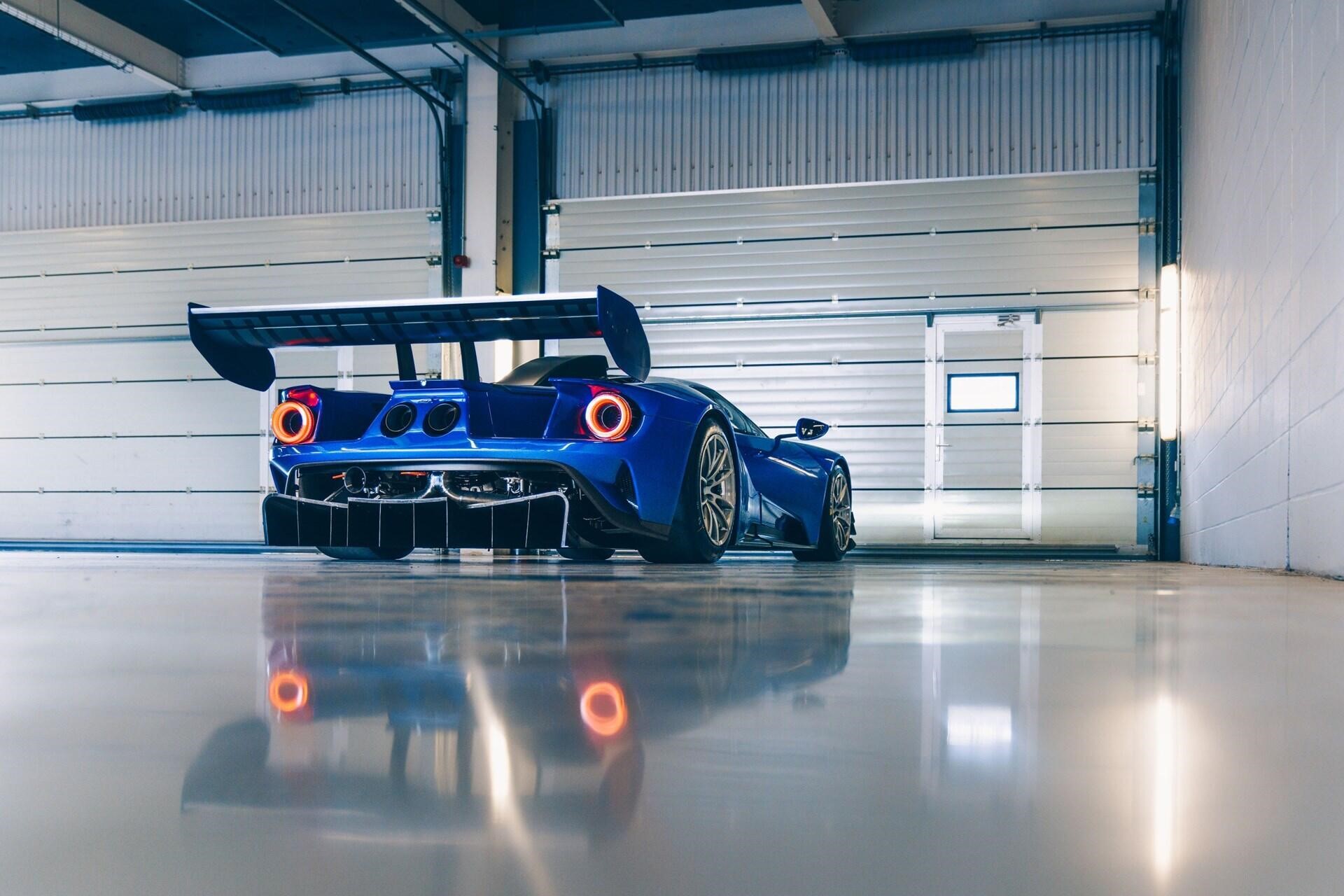 Rear-angled view of a blue 2020 Ford GT MK II track-only supercar