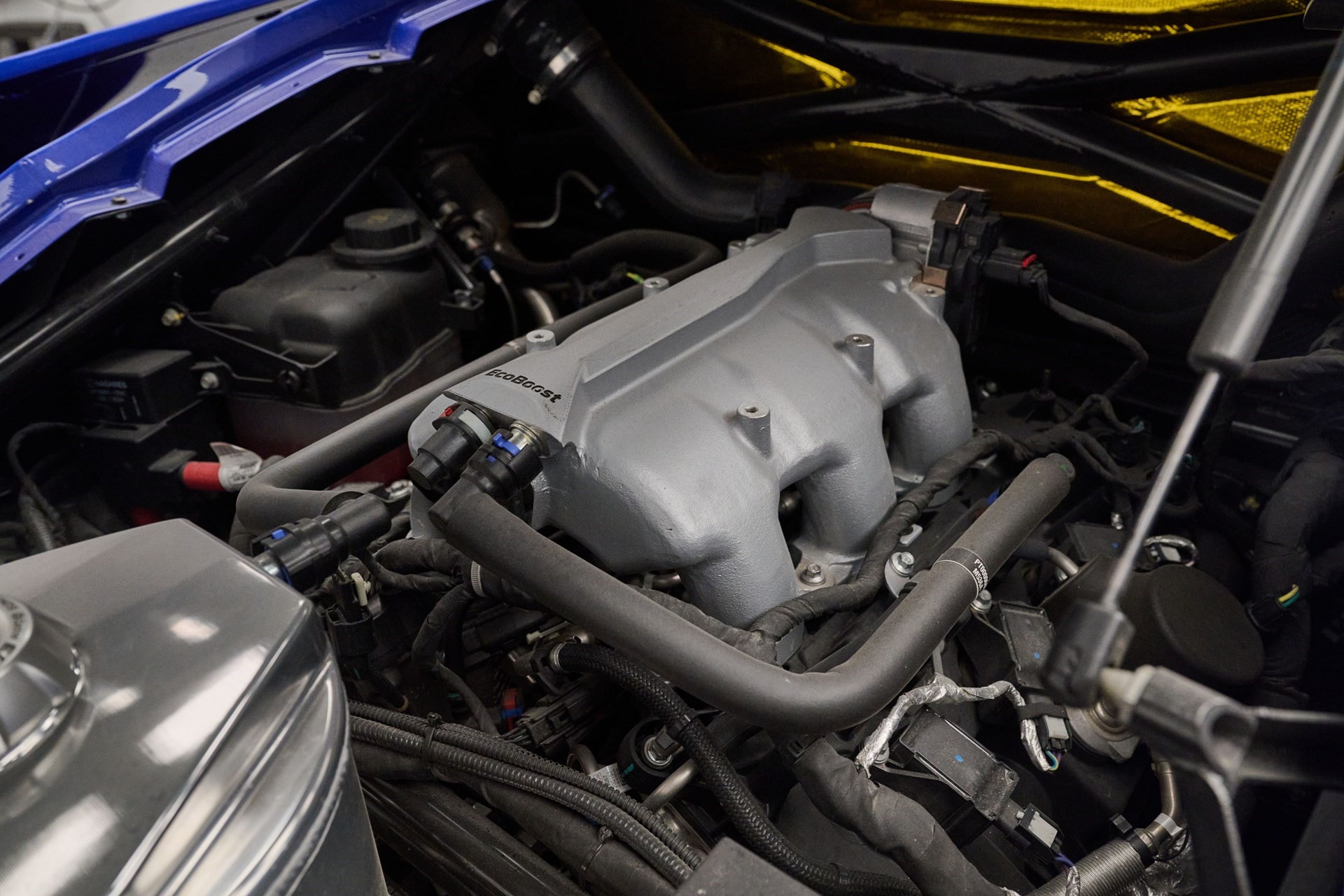 Engine of a blue 2020 Ford GT MK II track-only supercar