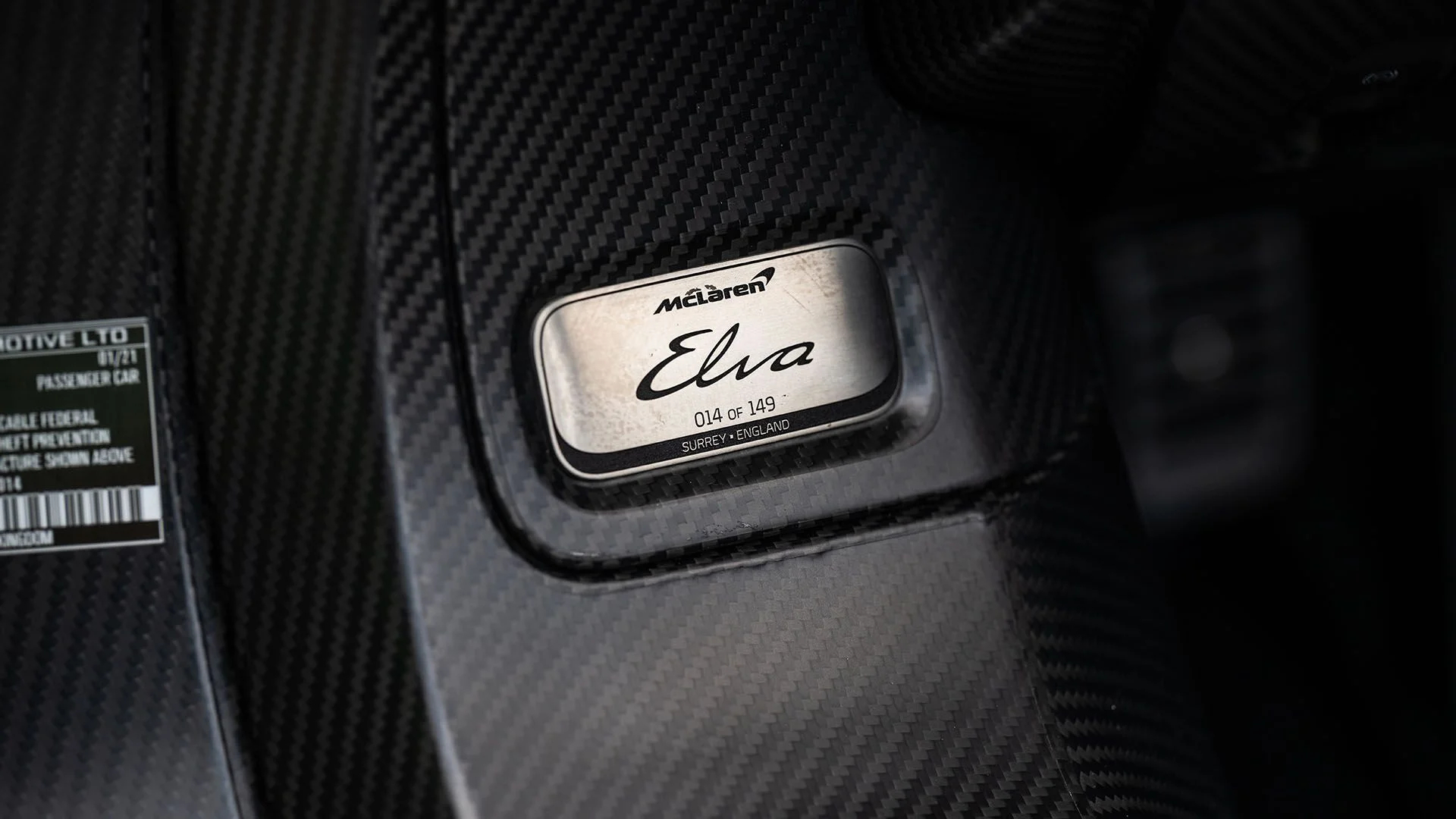 Numbered plaque of a 2021 McLaren Elva