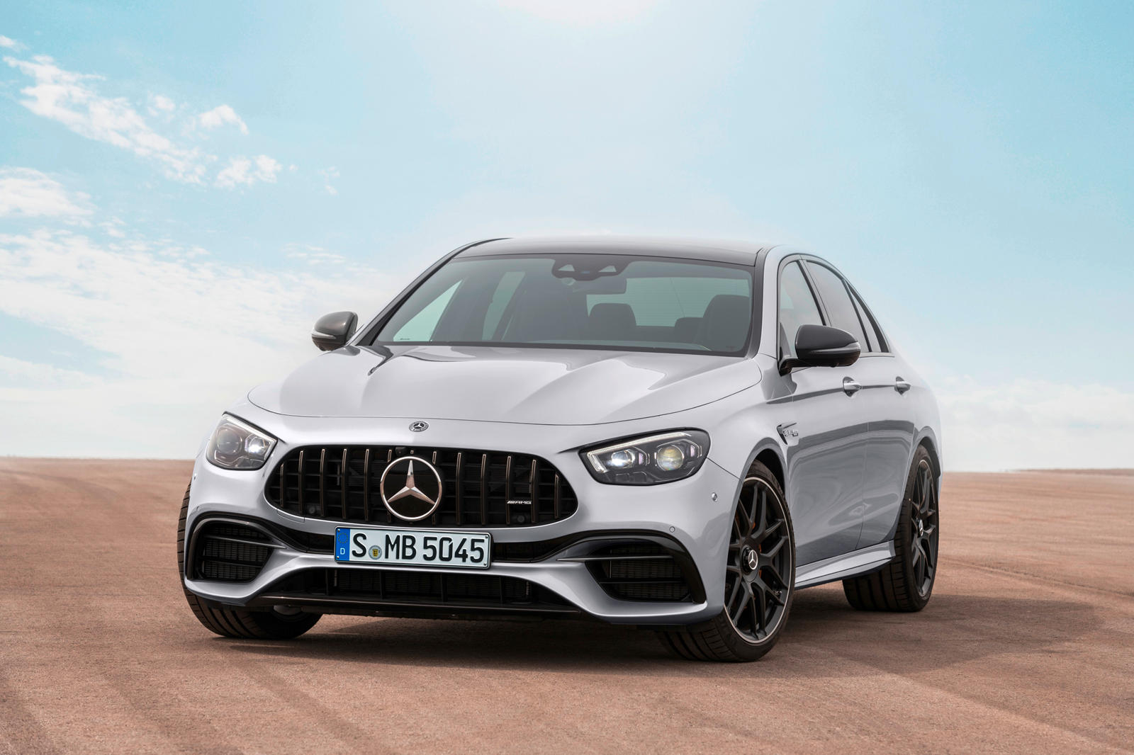 Front-angled view of a silver 2023 Mercedes-AMG E63.
