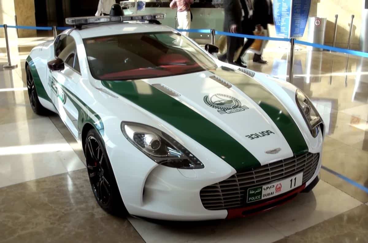 Front-angled shot of an Aston Martin One-77 Q Series owned by the Dubai Police.