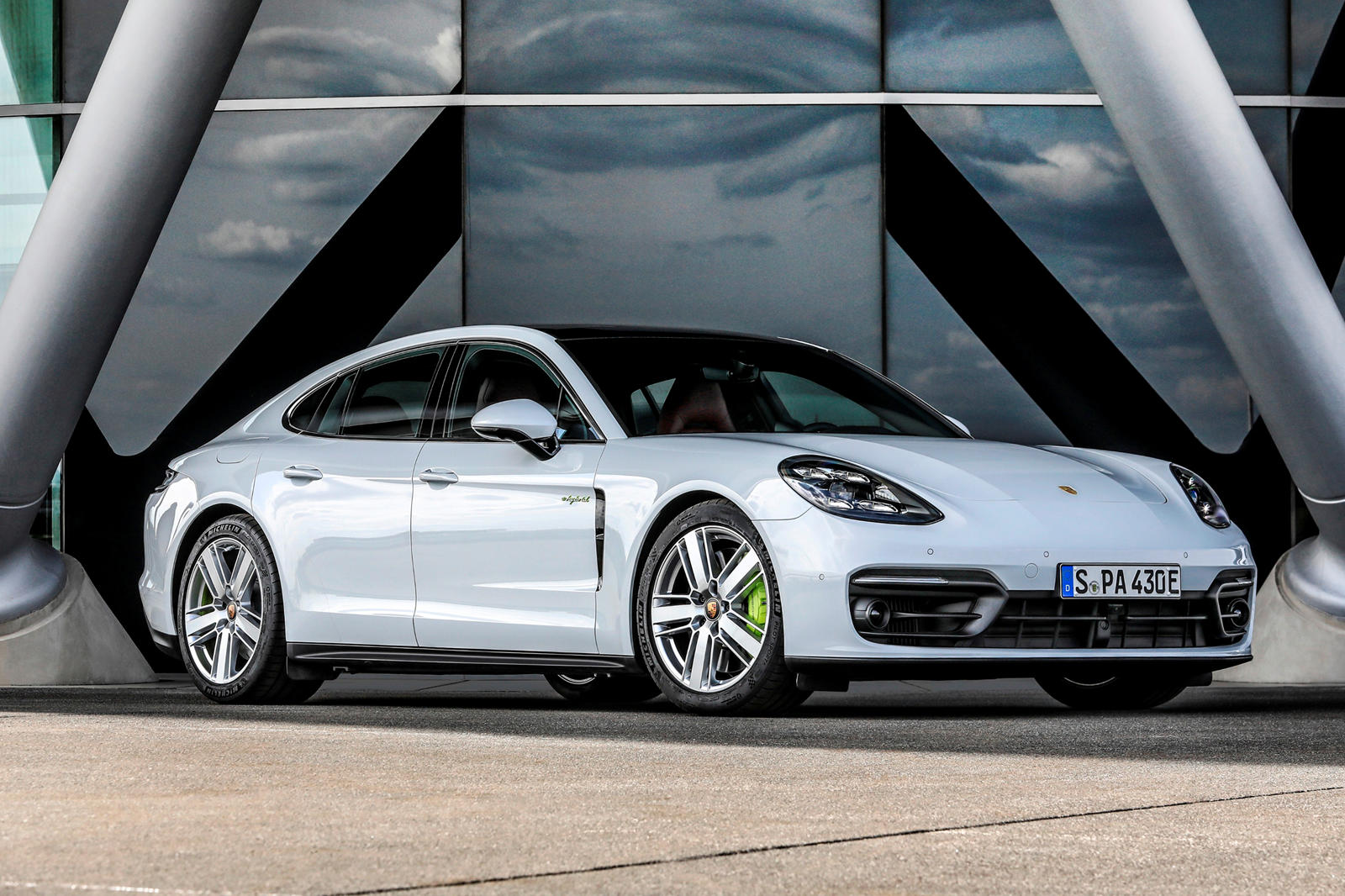 Front-angled view of a 2023 Porsche Panamera Hybrid model.