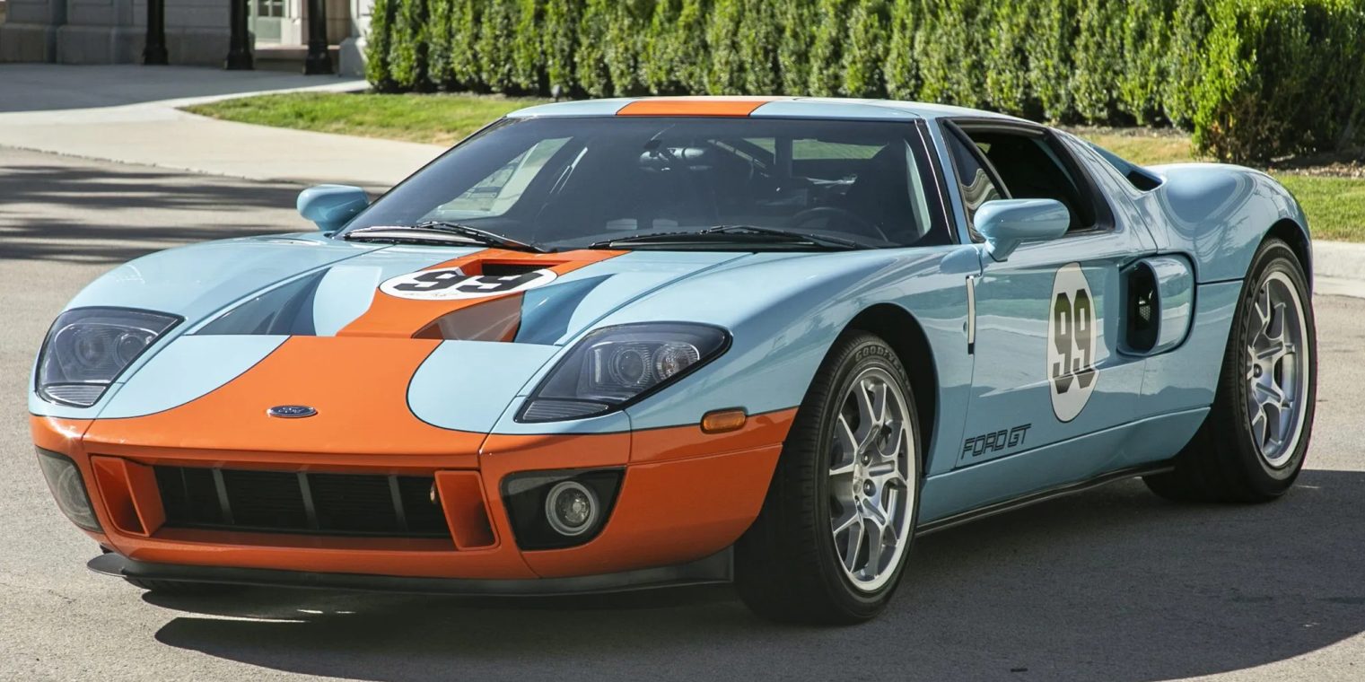 Front angled view of a 2006 Heritage Edition Ford GT