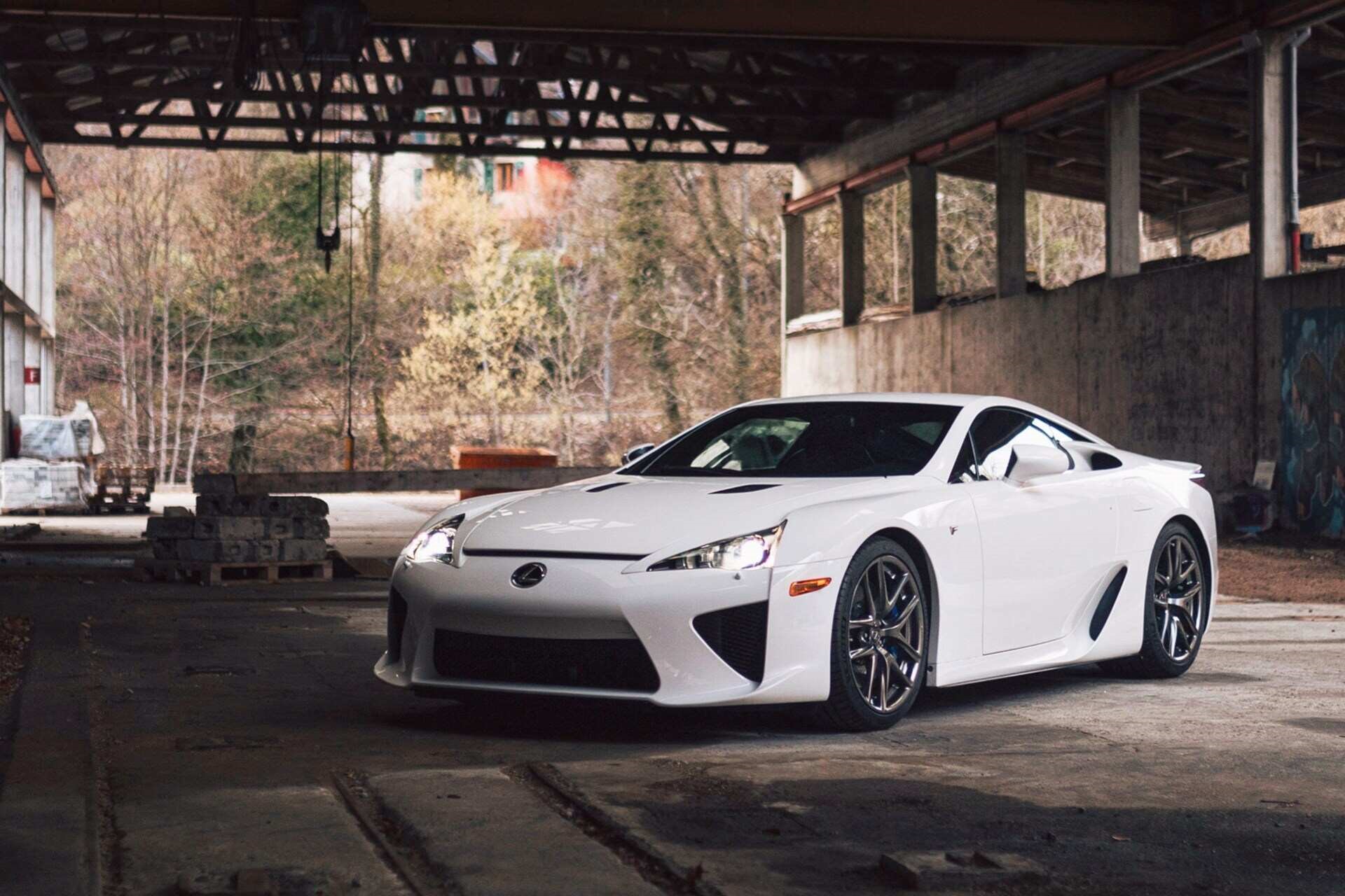 Front-angled view of a white 2011 Lexus LFA