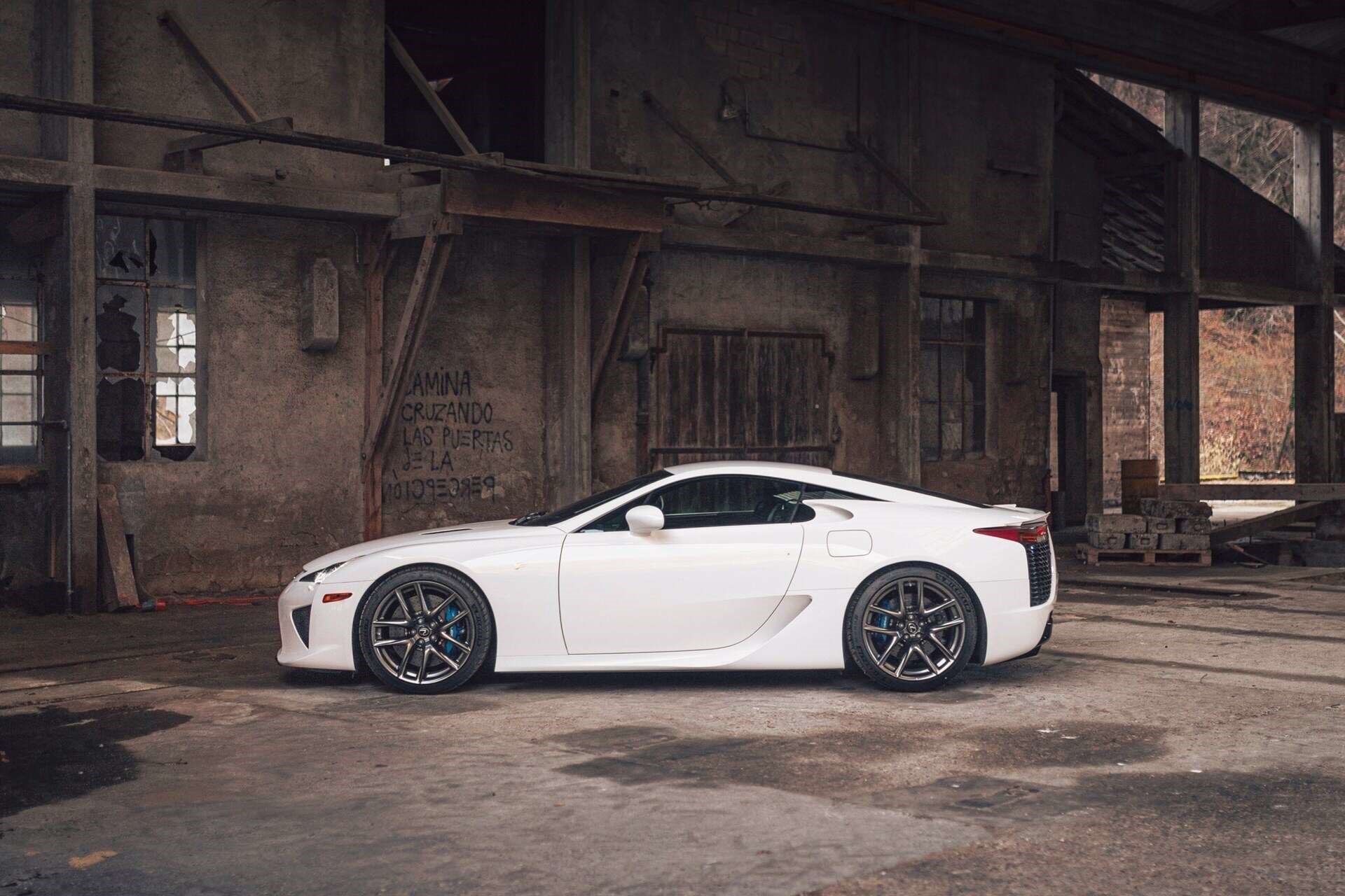 side profile of a white 2011 Lexus LFA