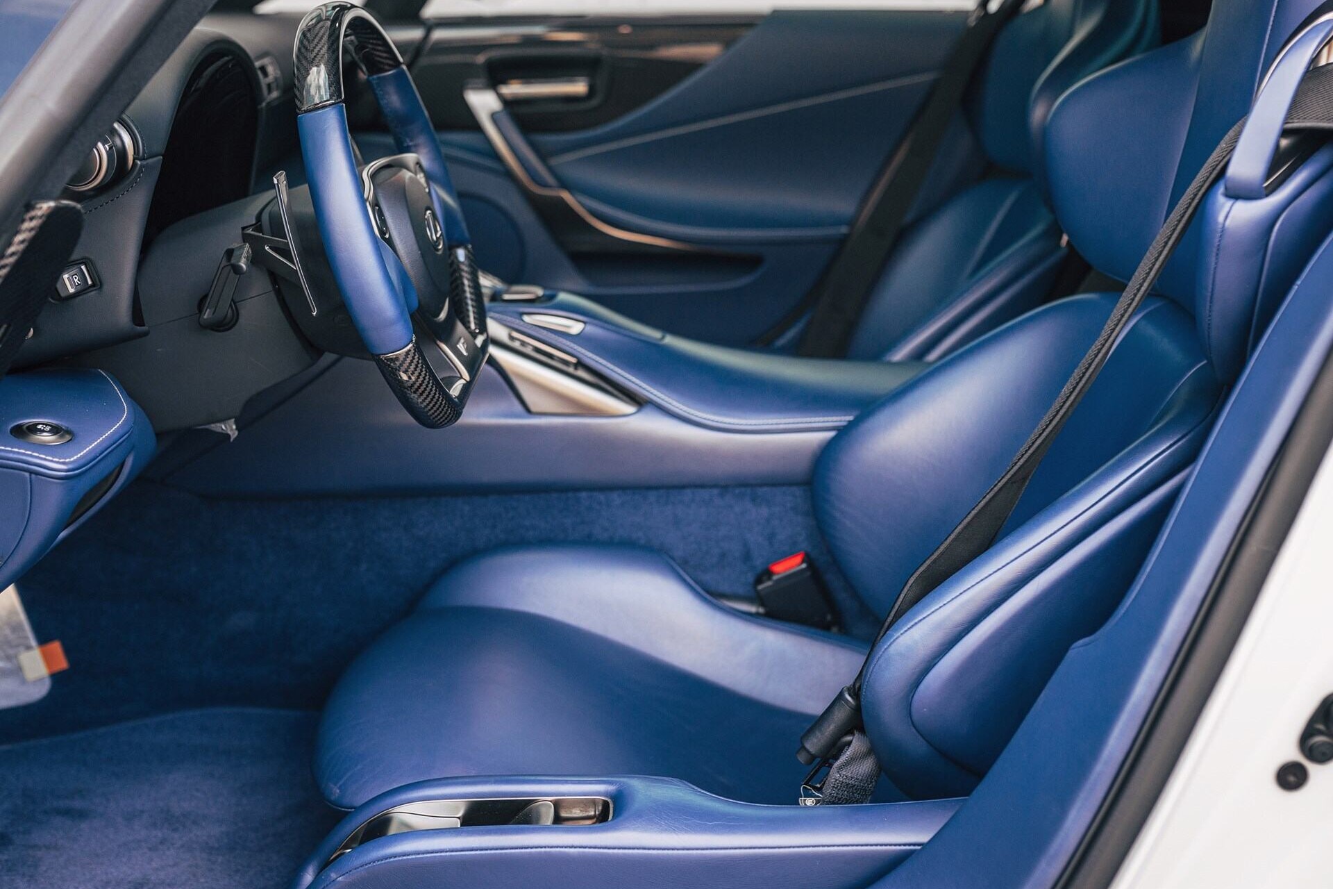 Blue interior of a white 2011 Lexus LFA