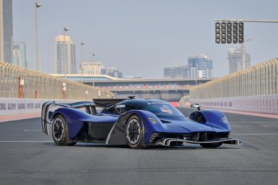 Front angled view of a blue 2022 Aston Martin Valkyrie AMR Pro.