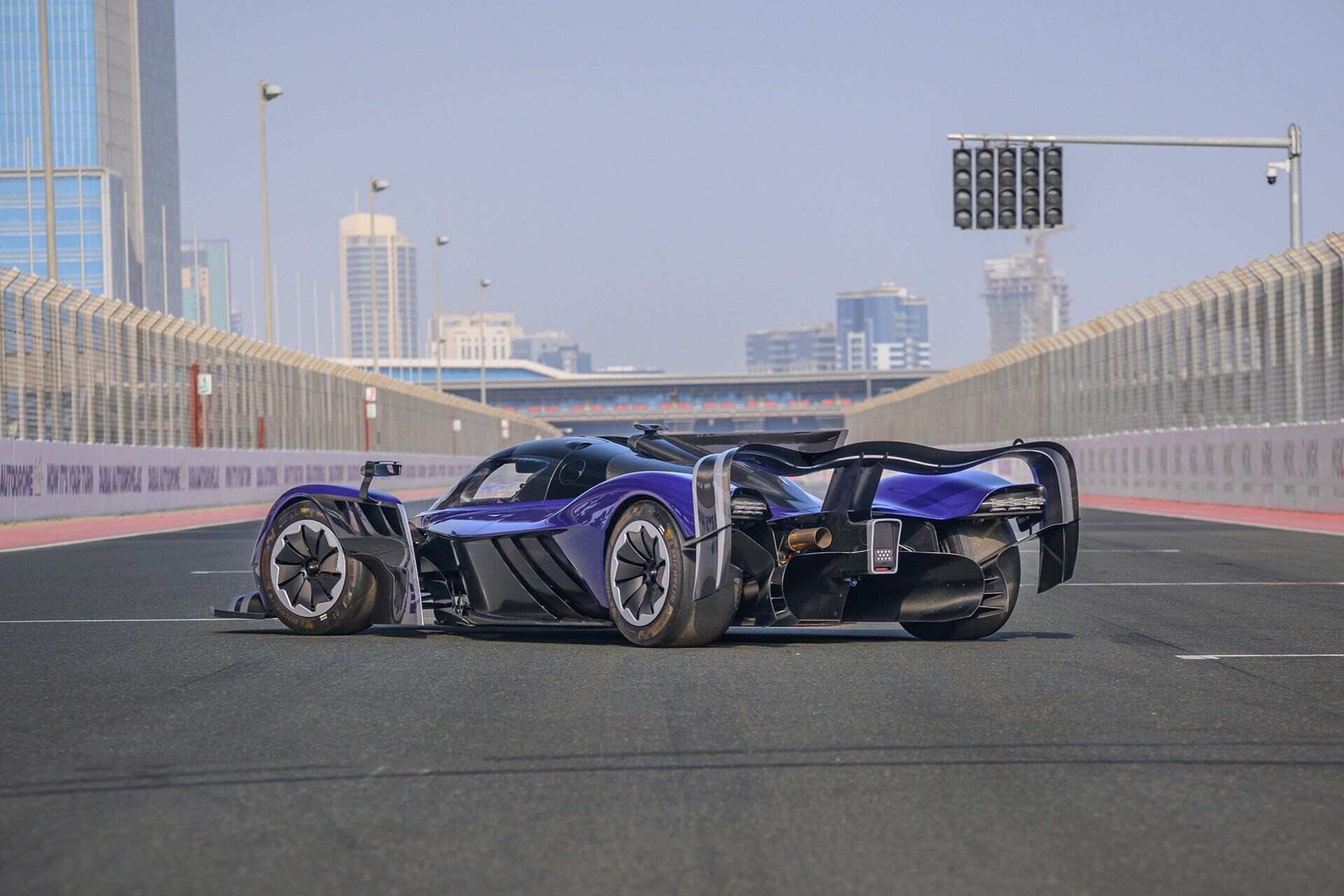 rear angled view of a blue 2022 Aston Martin Valkyrie AMR Pro