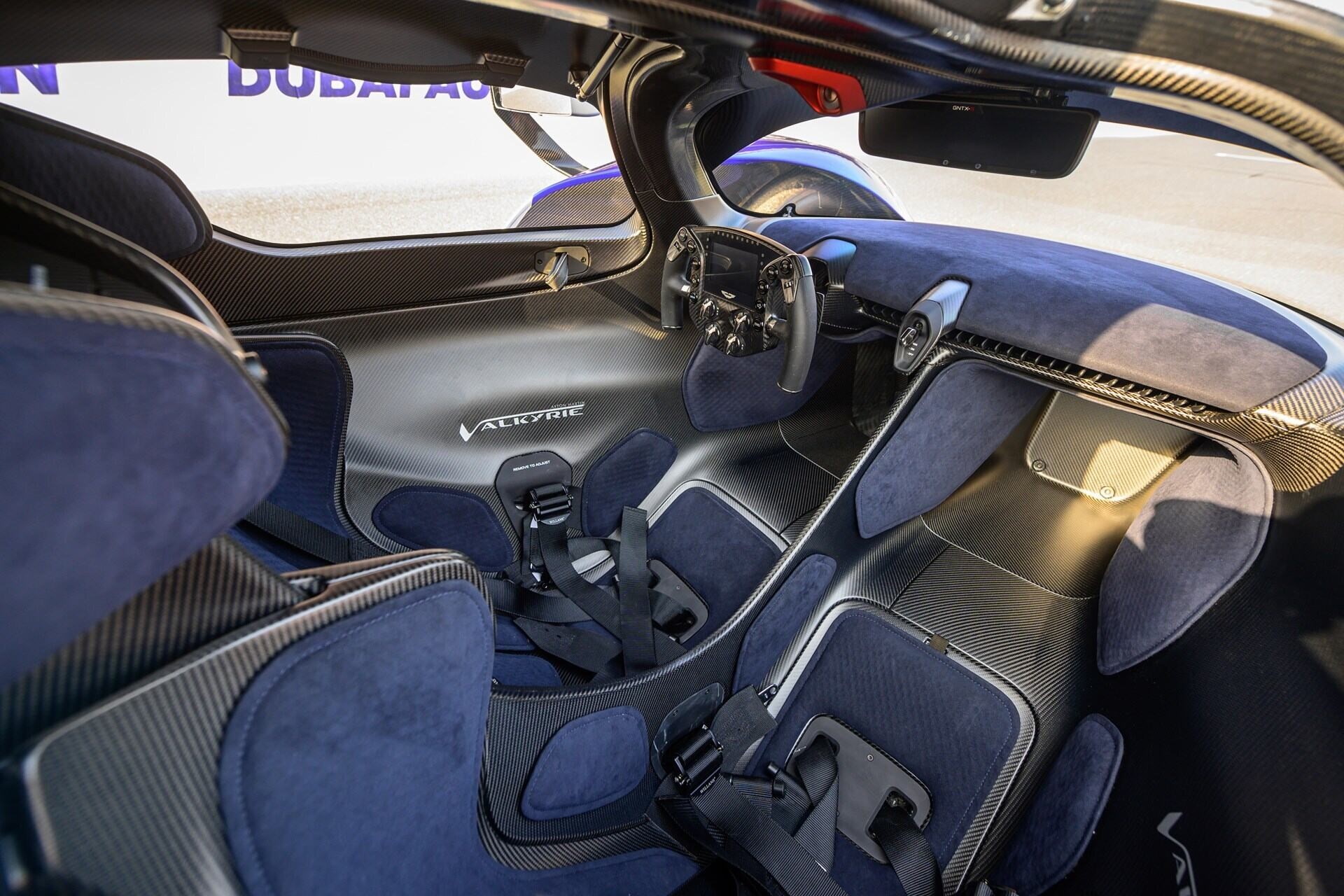 Interior of a blue 2022 Aston Martin Valkyrie AMR Pro