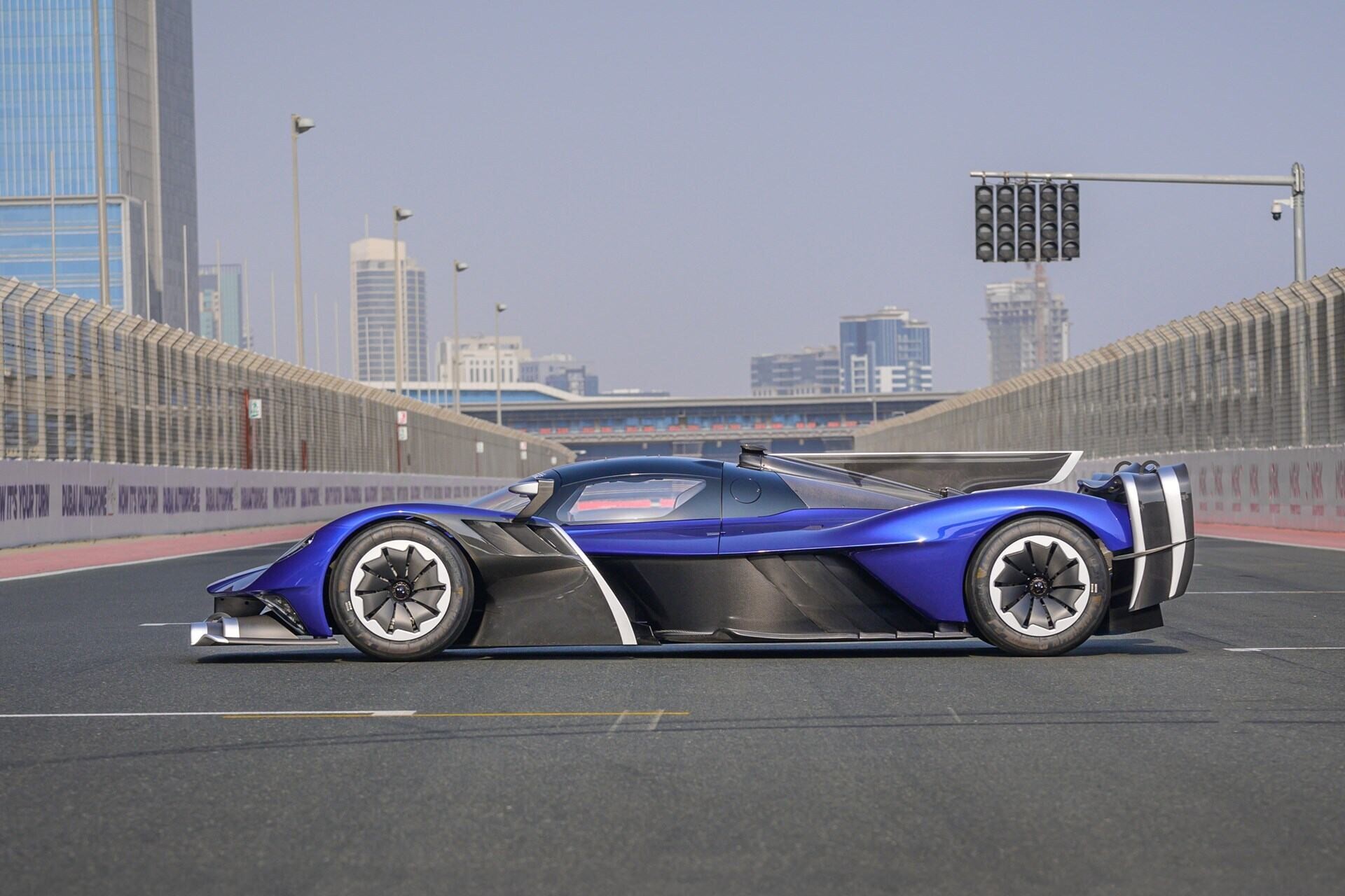 side profile of a blue 2022 Aston Martin Valkyrie AMR Pro