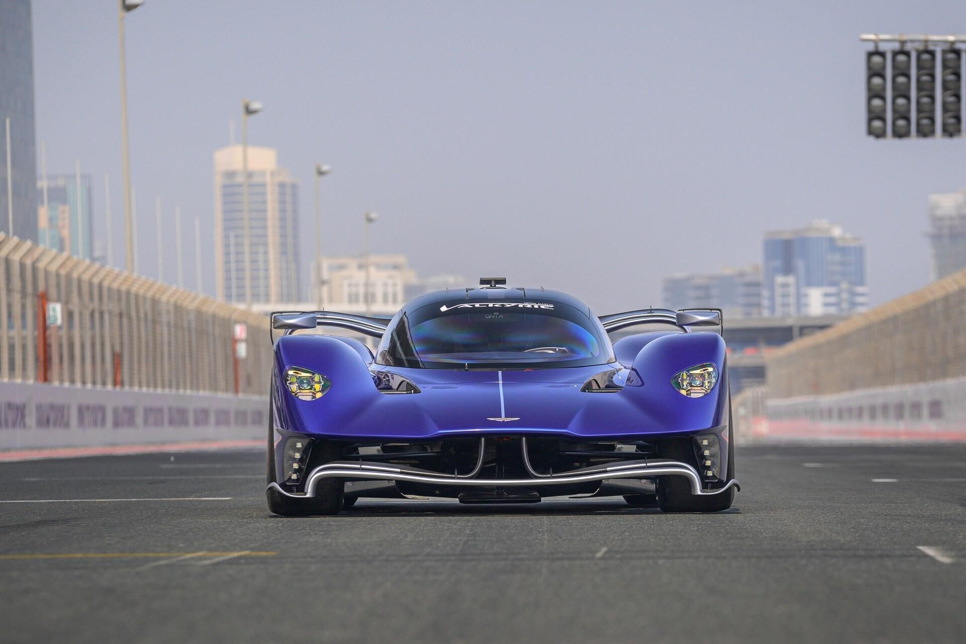 Frontal view of a blue 2022 Aston Martin Valkyrie AMR Pro