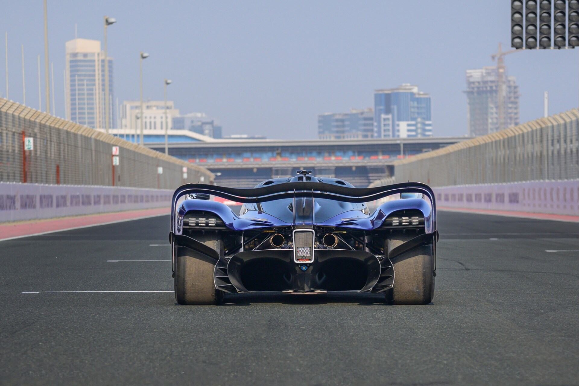 rear profile of a blue 2022 Aston Martin Valkyrie AMR Pro