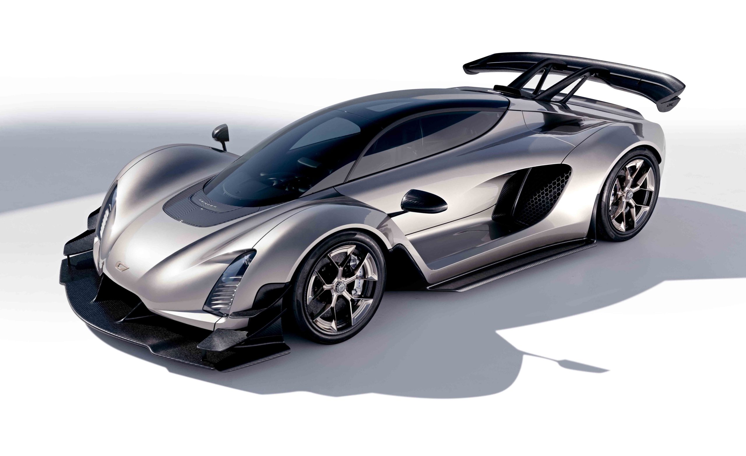 Front-angled view of a silver Czinger 21C hypercar