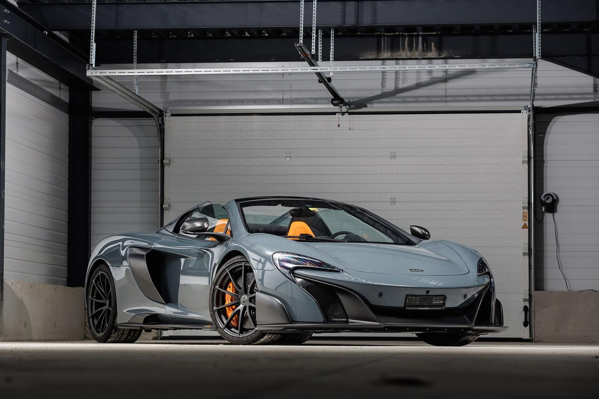 Front-angled of a 2017 Chicane Grey McLaren 675LT
