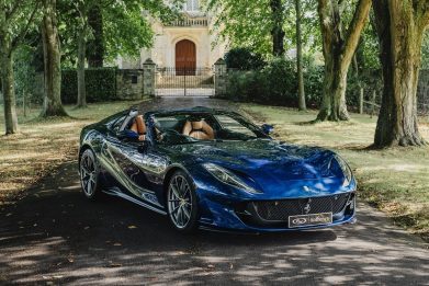 Front-angled view of a blue 2020 Ferrari 812 GTS