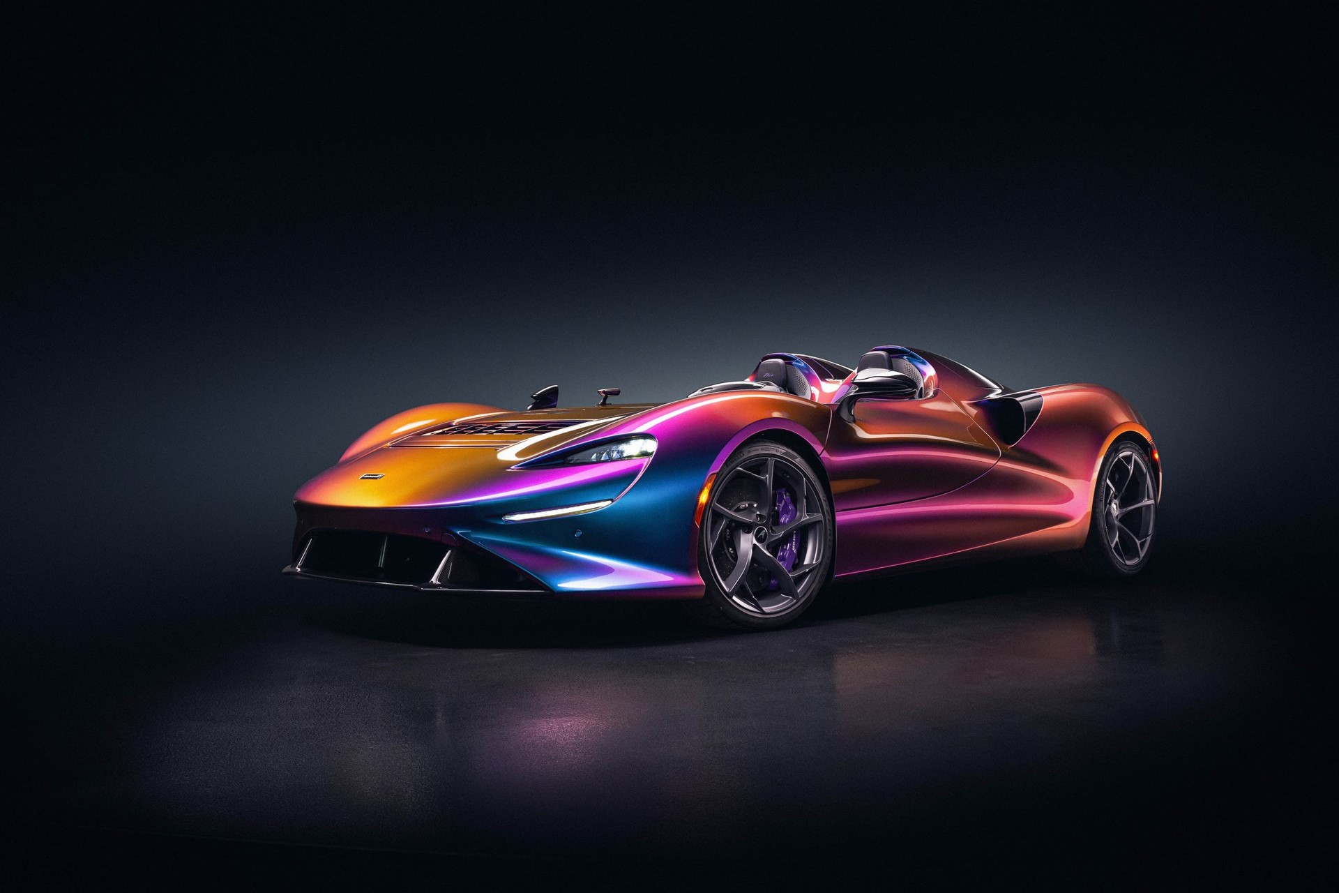 Front angled view of a 2021 purple McLaren Elva