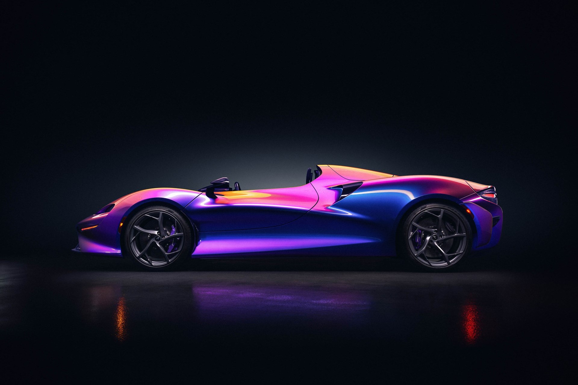 side profile of a purple 2021 McLaren Elva