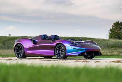 Front angled view of a 2021 purple McLaren Elva