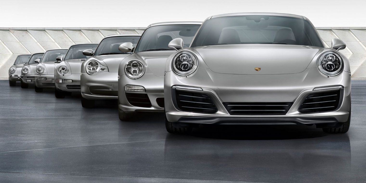 Image showing the partial frontal views of seven Porsche 911 generations.