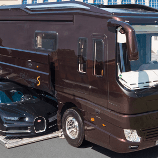 Bugatti stored underneath the 2021 Performance S motorhome