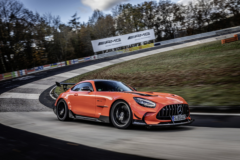Front-angled view of a silver and black Mercedes-AMG GT Black Series