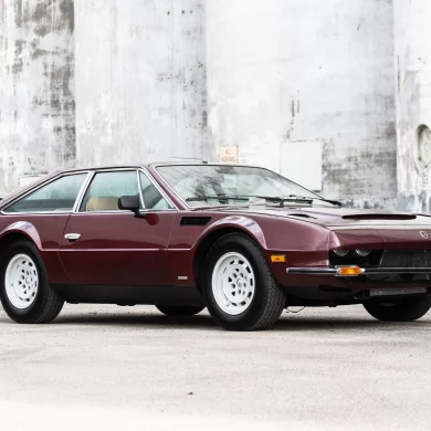 3/4 view of a 1974 burgundy Lamborghini Jarama S