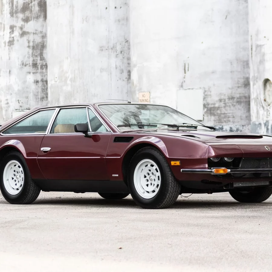 3/4 view of a 1974 burgundy Lamborghini Jarama S